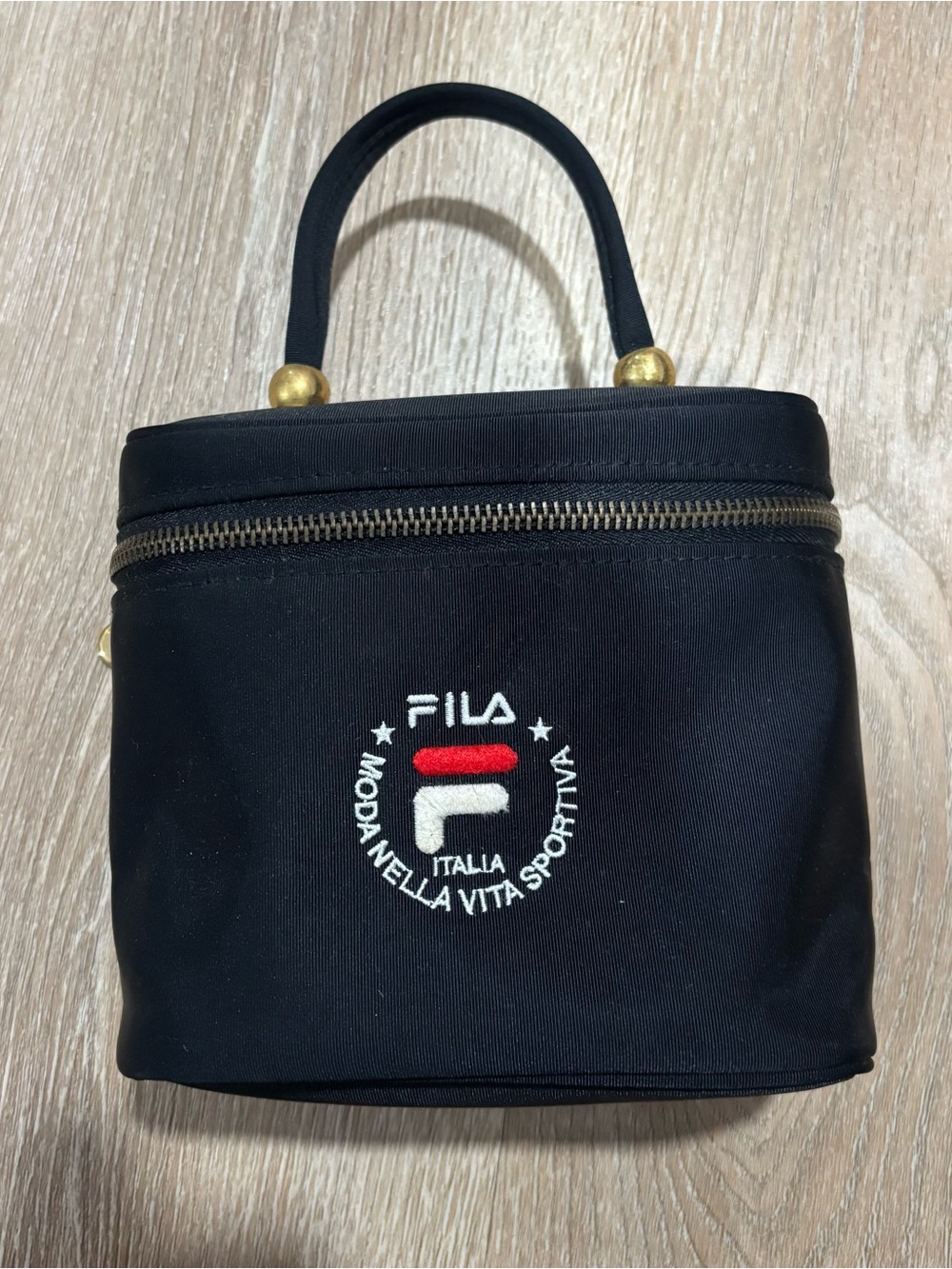 Fila Black Top-Handle Cosmetic Case with Embroidered Logo